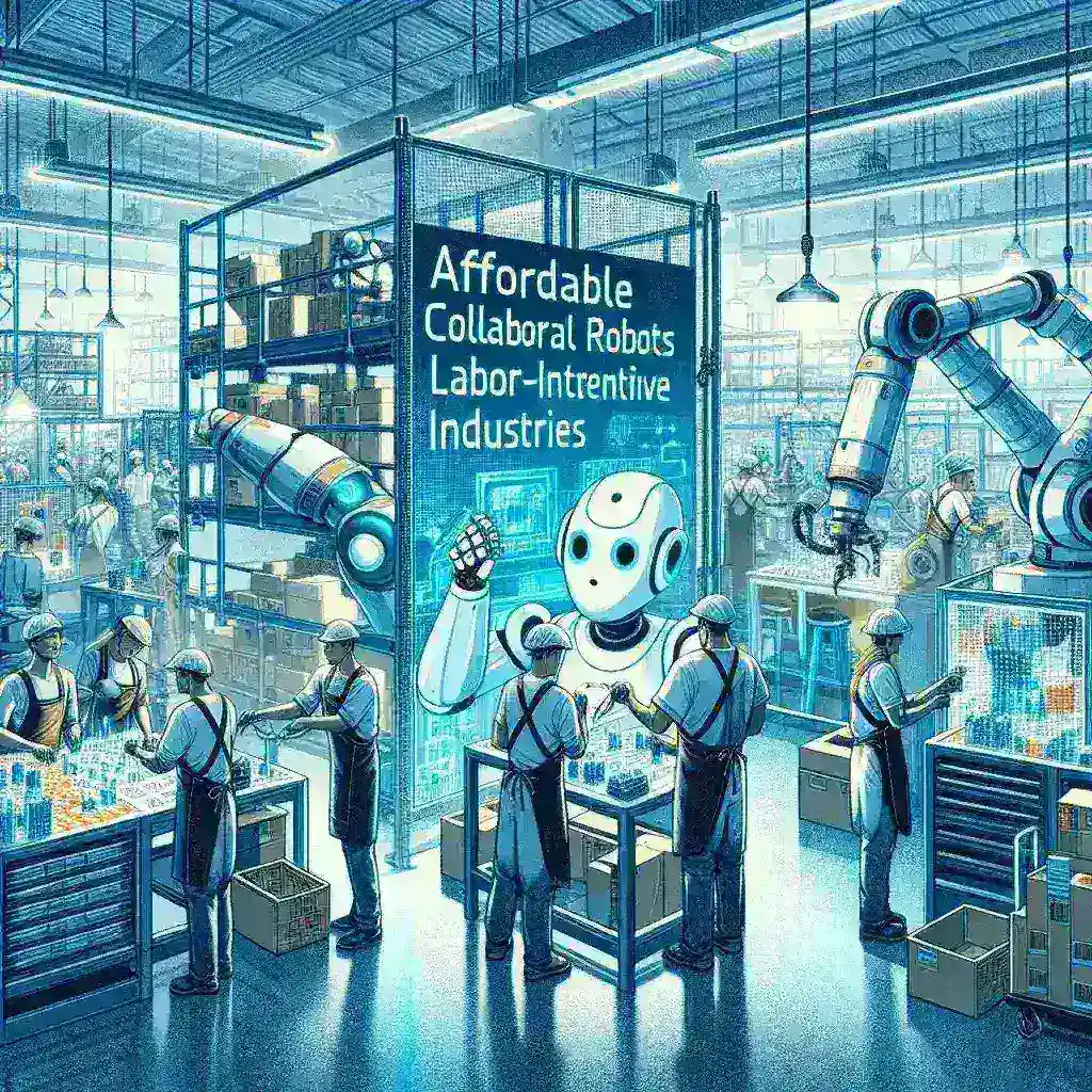 "Robot kolaboratif terjangkau bekerja di industri tenaga kerja padat, menunjukkan inovasi dalam teknologi otomatisasi untuk meningkatkan efisiensi produksi."