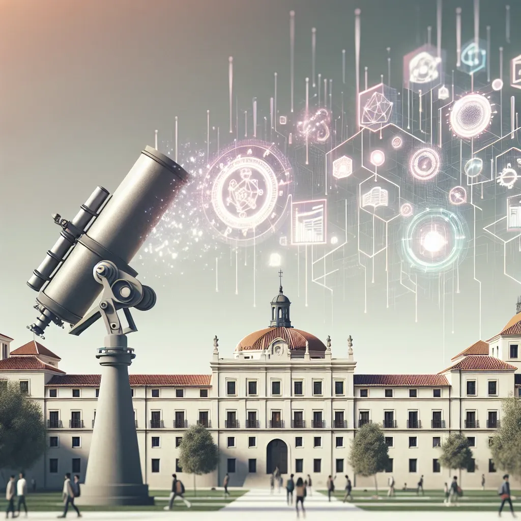 "Estudiantes y profesores en una universidad española discutiendo proyectos de IA en un observatorio de impacto social, destacando la colaboración académica para abordar los desafíos éticos y sociales de la inteligencia artificial."