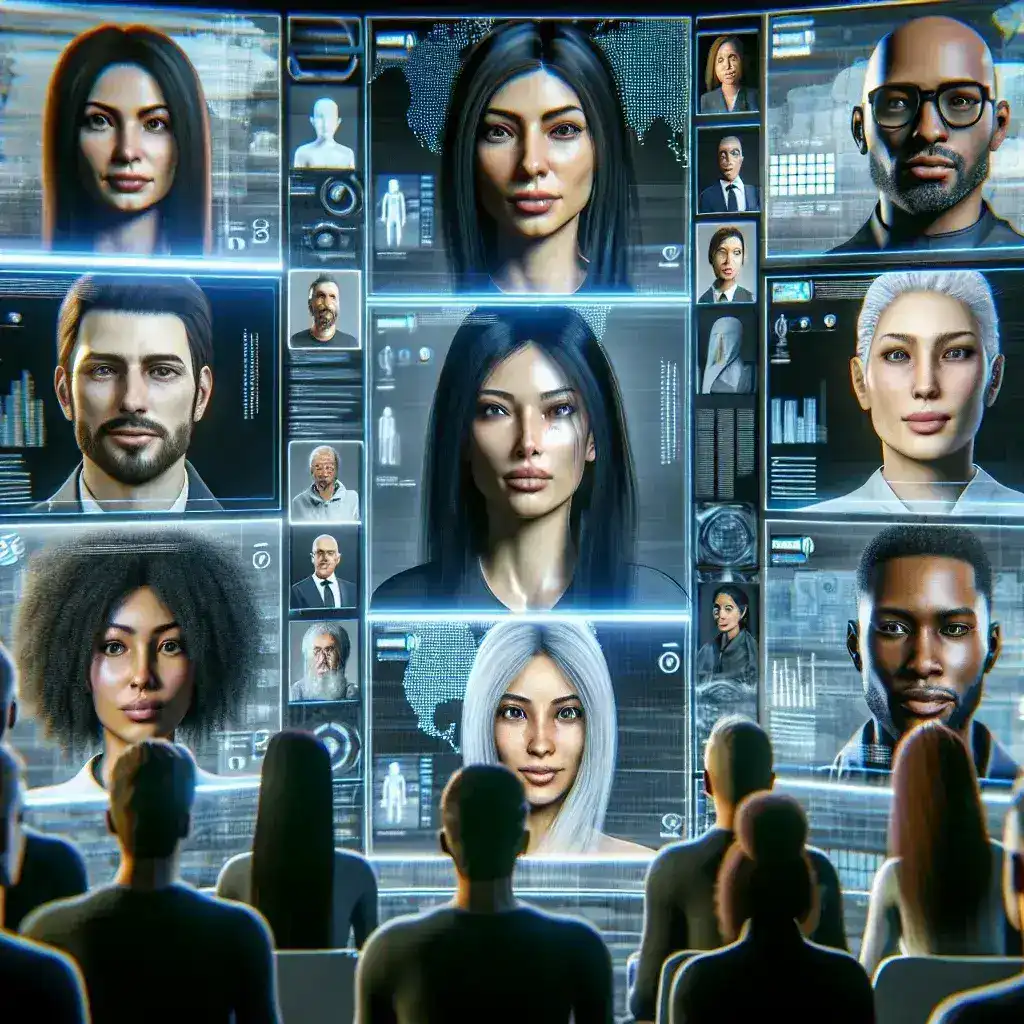 "Avatar hiperrealista en una videoconferencia, mostrando la avanzada tecnología de comunicación visual utilizada en reuniones virtuales y eventos en línea."
