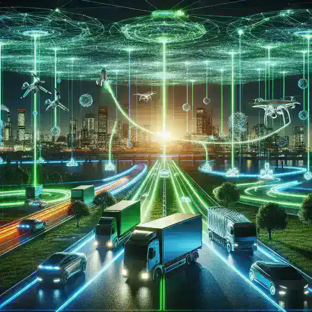 "Imagen que ilustra la logística mejorada con inteligencia artificial, mostrando un sistema de optimización de rutas de entrega que reduce las emisiones de carbono en un entorno urbano."